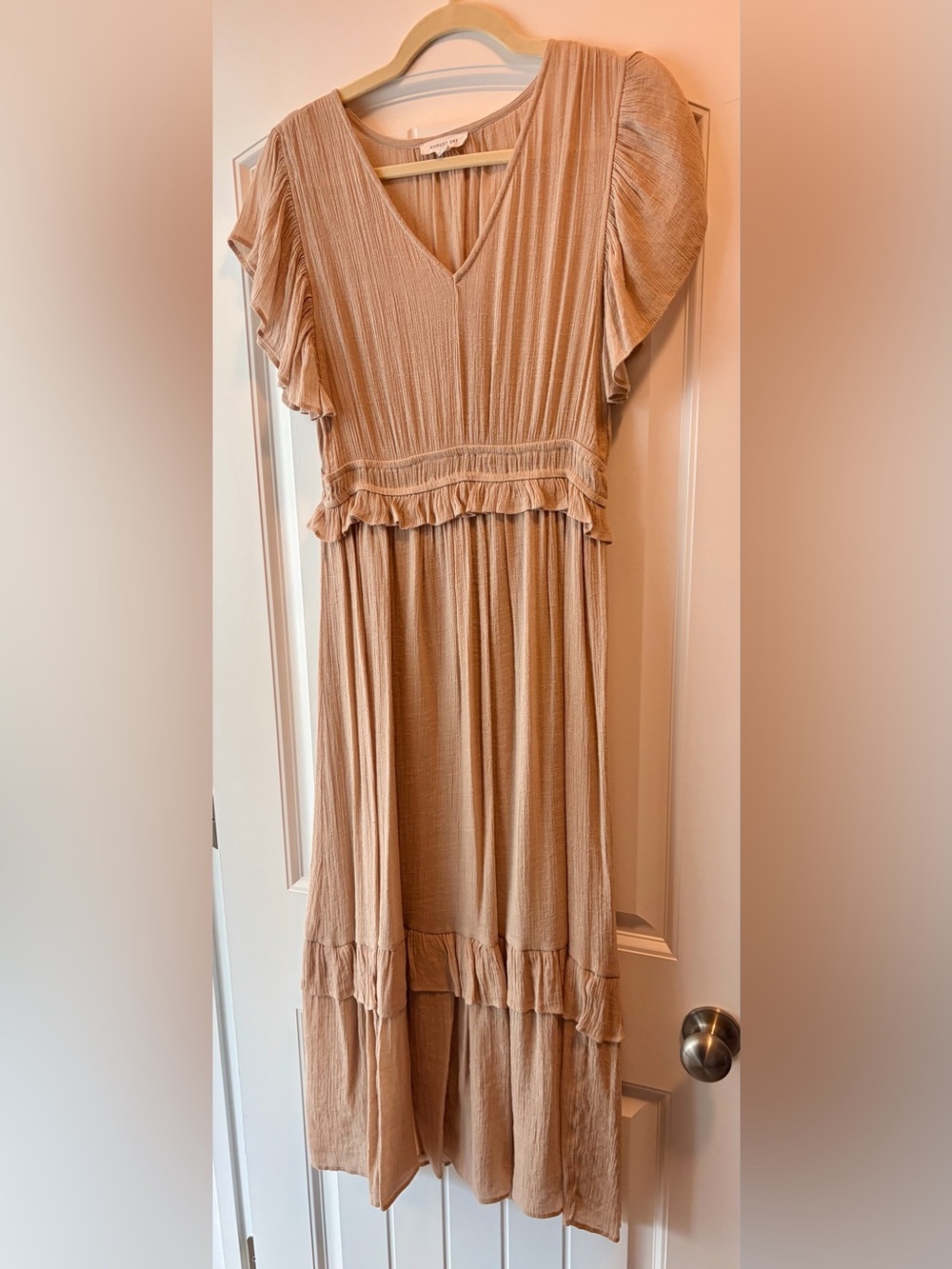 Ruffled V-Neck Midi Dress by August Sky, size M